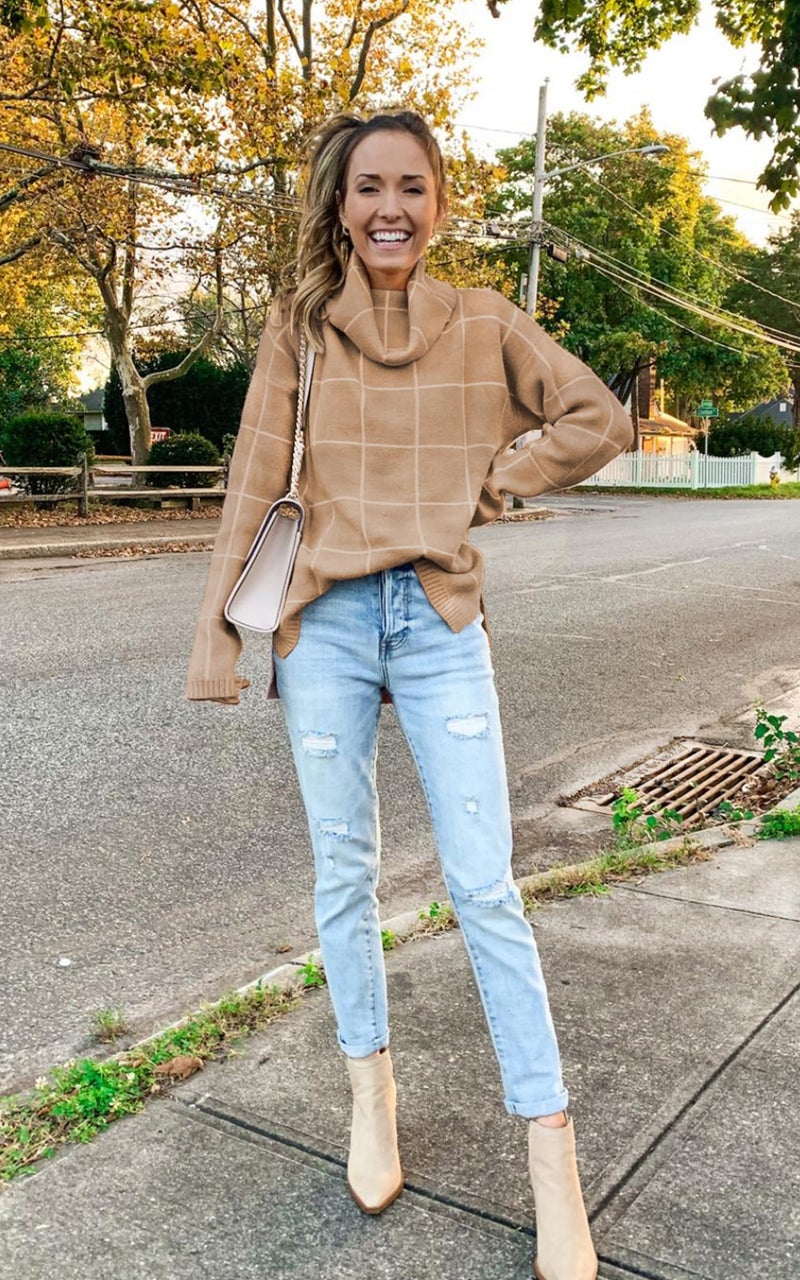 ECOWISH Women Fall Pullover Sweater Turtleneck Plaid Long Sleeve Loose Casual Chunky Checked Knit Winter Sweaters Jumper Tops 014khaki XL - Image 3